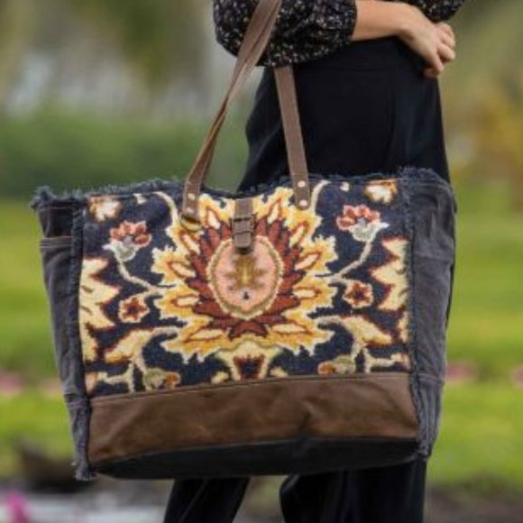 Myra Bag Handbags - NEW Black Fern Canvas Leather Travel Weekender Bag